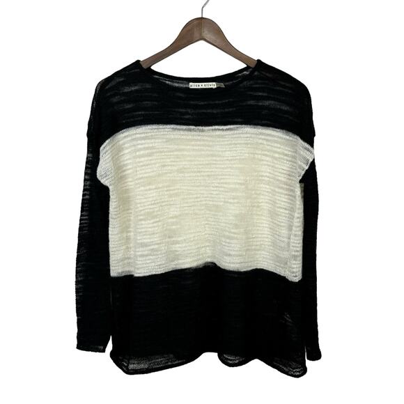 Alice + Olivia Ottoman Black & White Colorblock Linen Blend Thin Knit Sweater - Picture 3 of 9